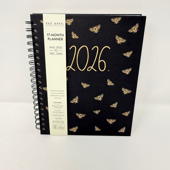 Rae Dunn 2026 17 Month Planner Black Bumble Bees Spiral Hardcover Aug 25-Dec 26 - Picture 1 of 12